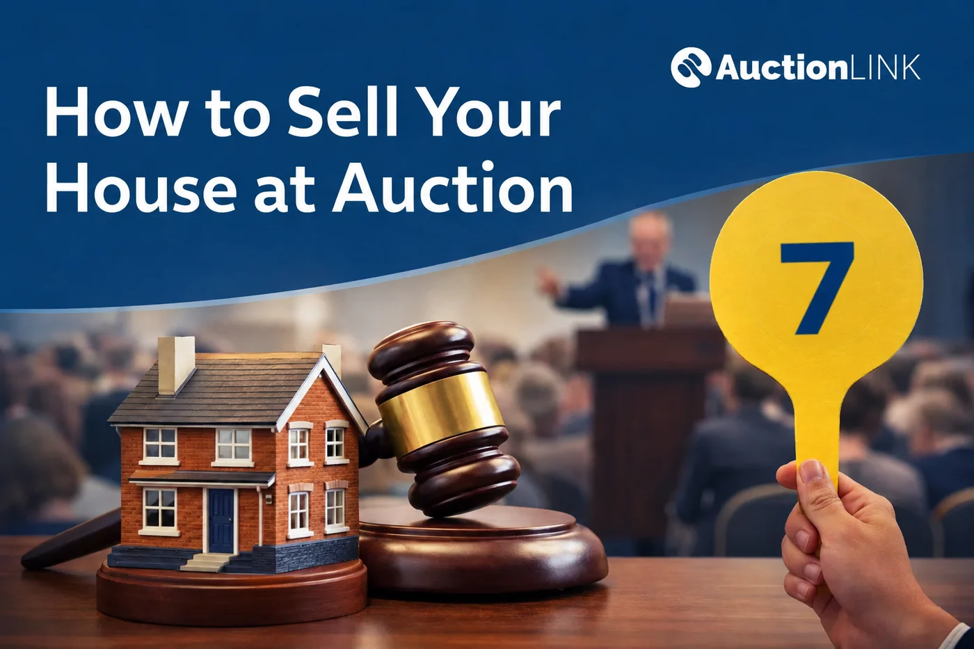 A model house beside an auctioneer's gavel, with a bidder raising paddle number seven at a property auction