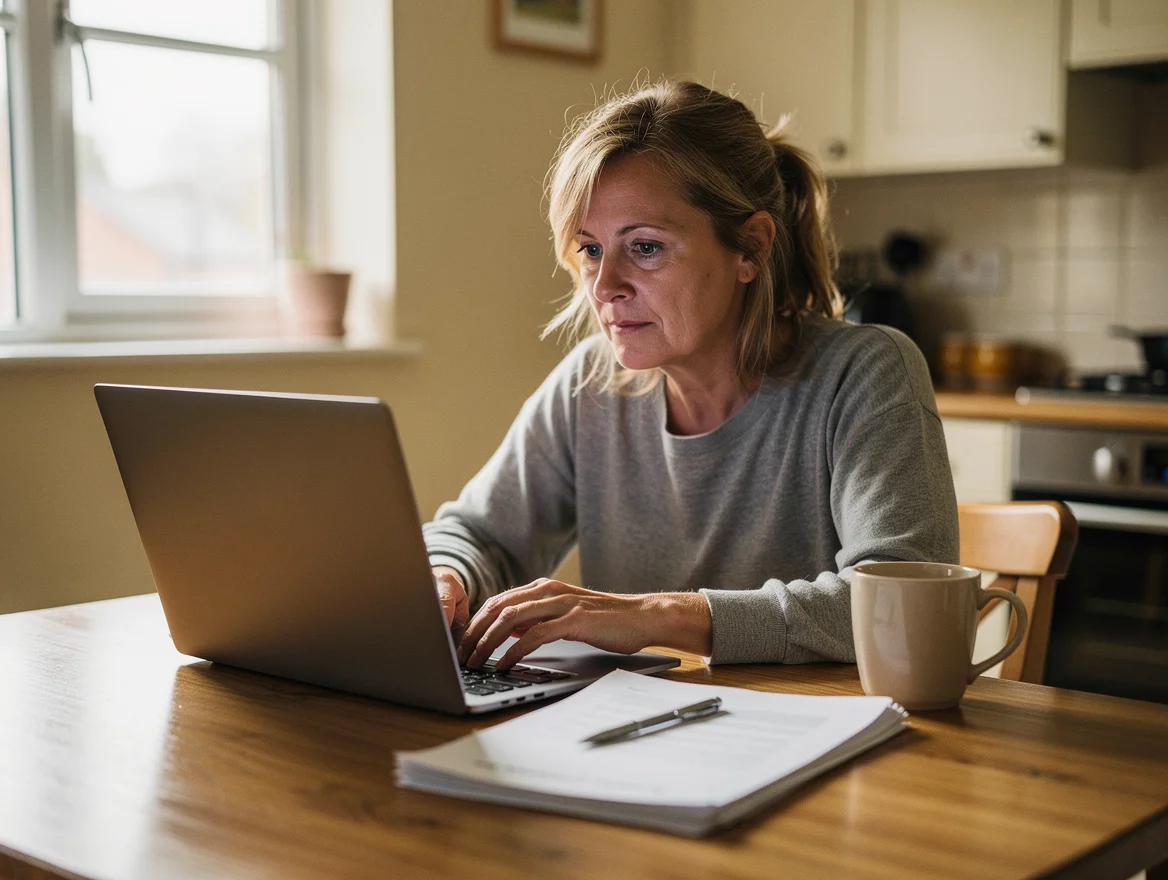 British homeowner sitting at her kitchen table reading about selling her property at auction on a laptop