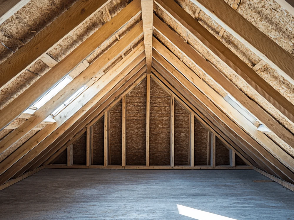 An internal view of the timber rafters and frame in a loft roof space