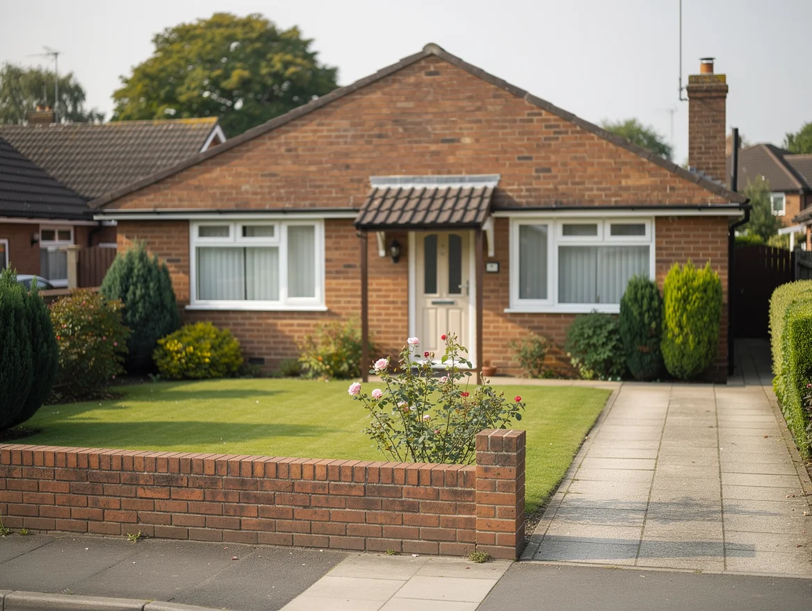 Modest 1960s red-brick suburban bungalow with mature front garden and rose bushes, typical of life tenancy properties sold at auction