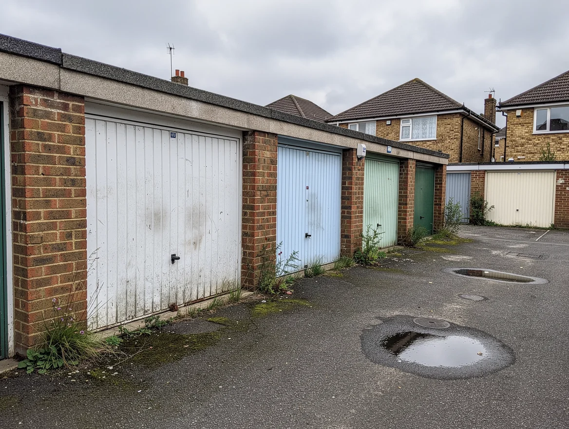 Row of brick lock-up garages with up-and-over metal doors in a London residential courtyard, typical of the kind sold at auction