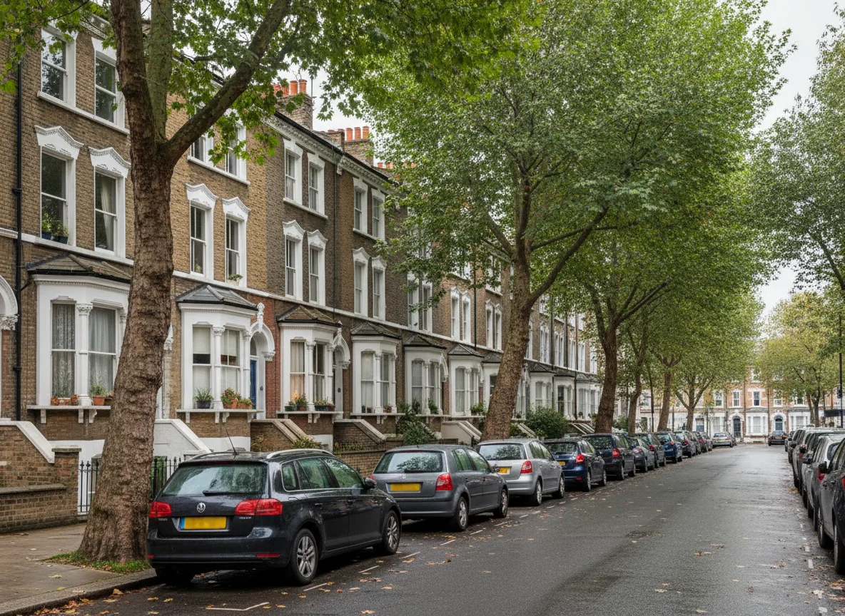 A row of London Victorian terraced townhouses along a leafy residential street on an overcast day