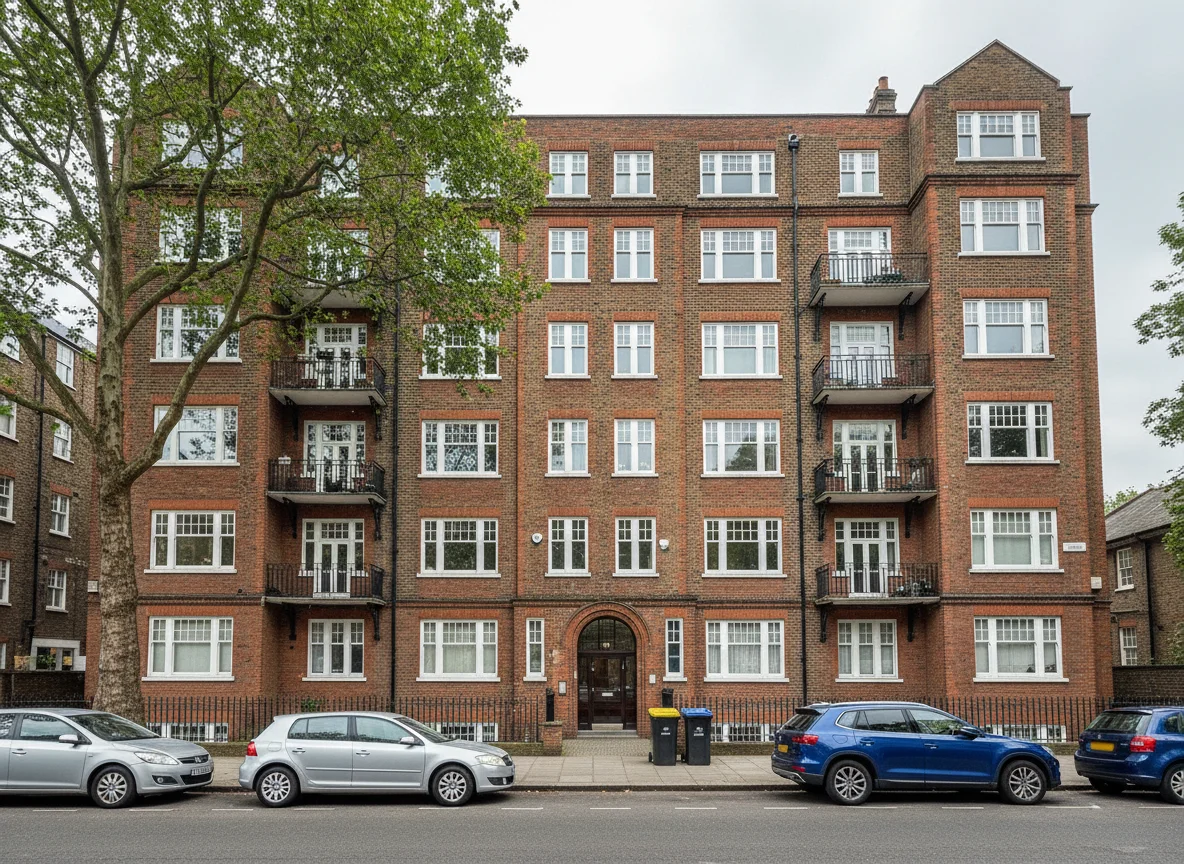 A purpose-built red-brick mansion block of leasehold flats in London on an overcast day