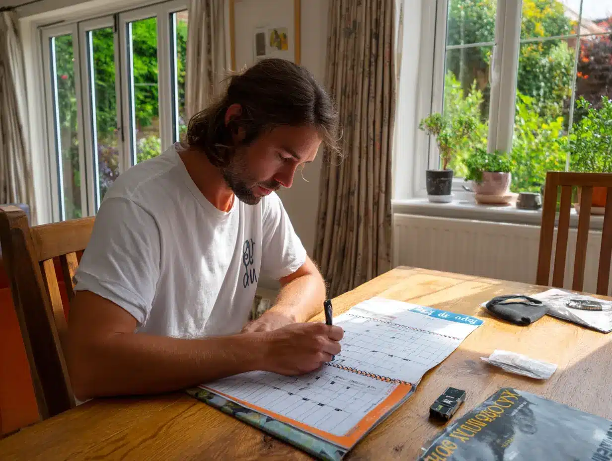 A man writing key dates in a calendar while planning to sell his house by auction