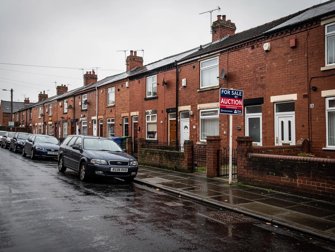 A 'For Sale by Auction' board outside red-brick terraced houses on a Manchester residential street
