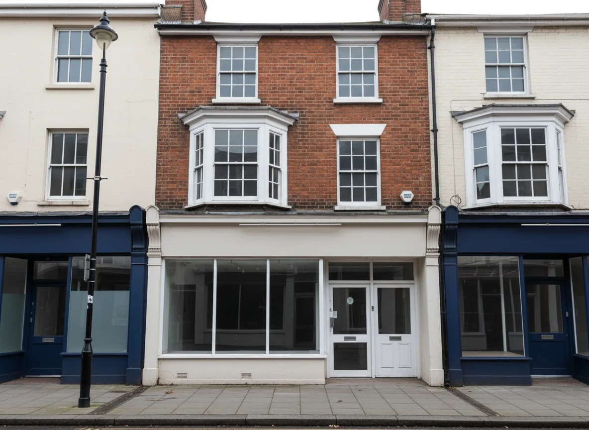 A British high street mixed-use property with a shop at street level and flats above, a niche lot that is difficult to value and often finds its best price at auction