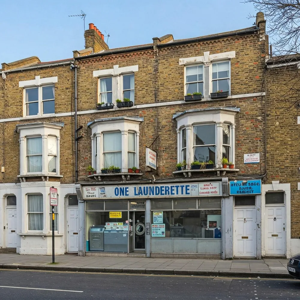 A mixed-use property in London with a launderette on the ground floor and residential flats on the upper floors