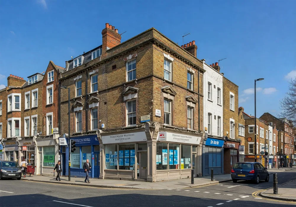 A mixed-use property with an estate agent's office on the ground floor and residential flats above