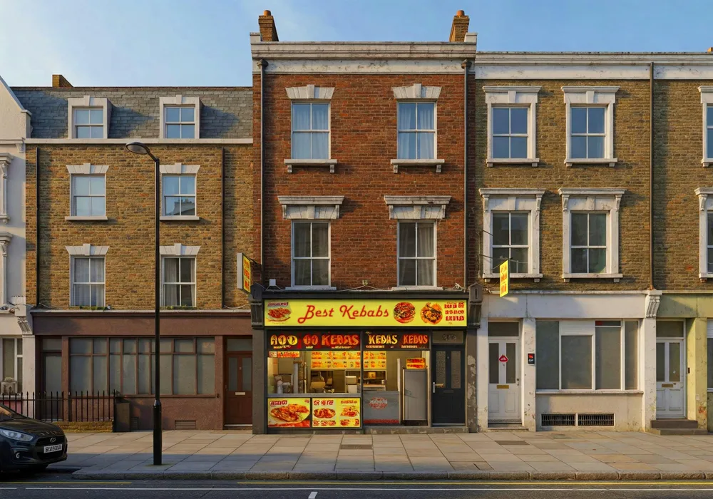 A mixed-use property with a fast food shop on the ground floor and flats above