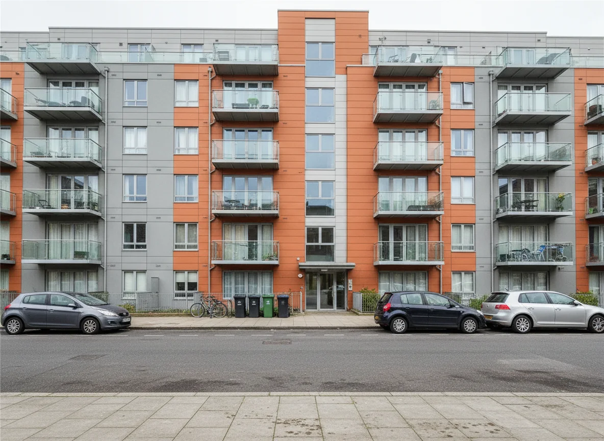 A modern mid-rise block of leasehold flats on an ordinary London street on an overcast day