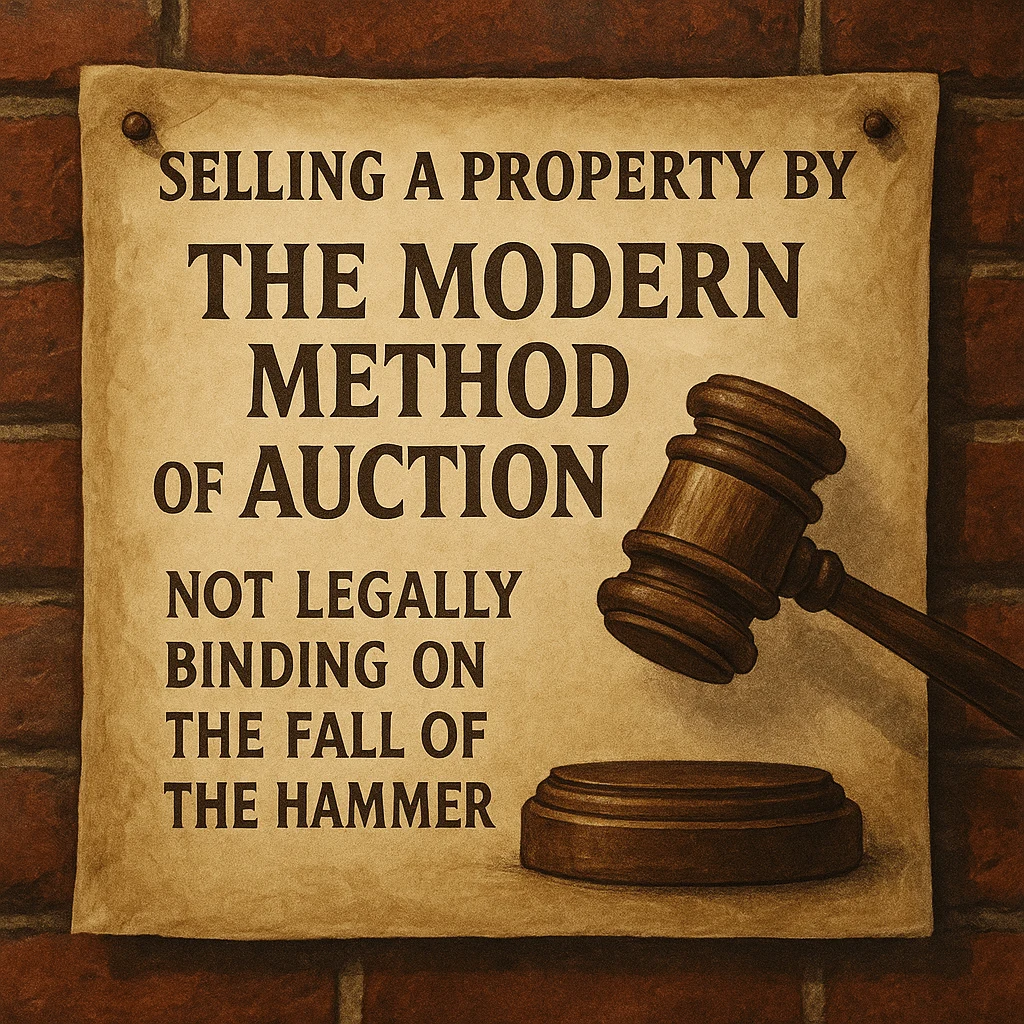 Selling a property by the modern method of auction - not legally binding on the fall of the hammer - decorative graphic with a wooden gavel