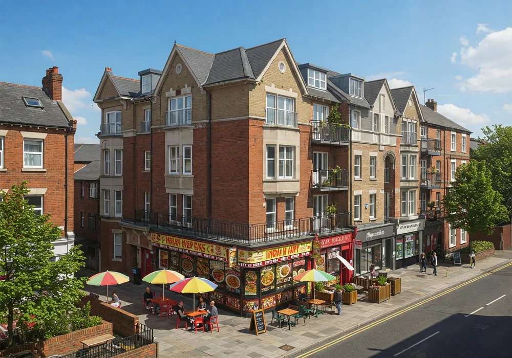 A modern mixed-use property with a restaurant on the ground floor and residential flats above