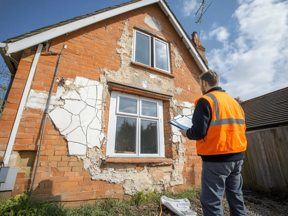 A mortgage surveyor inspecting a house with structural problems and making notes