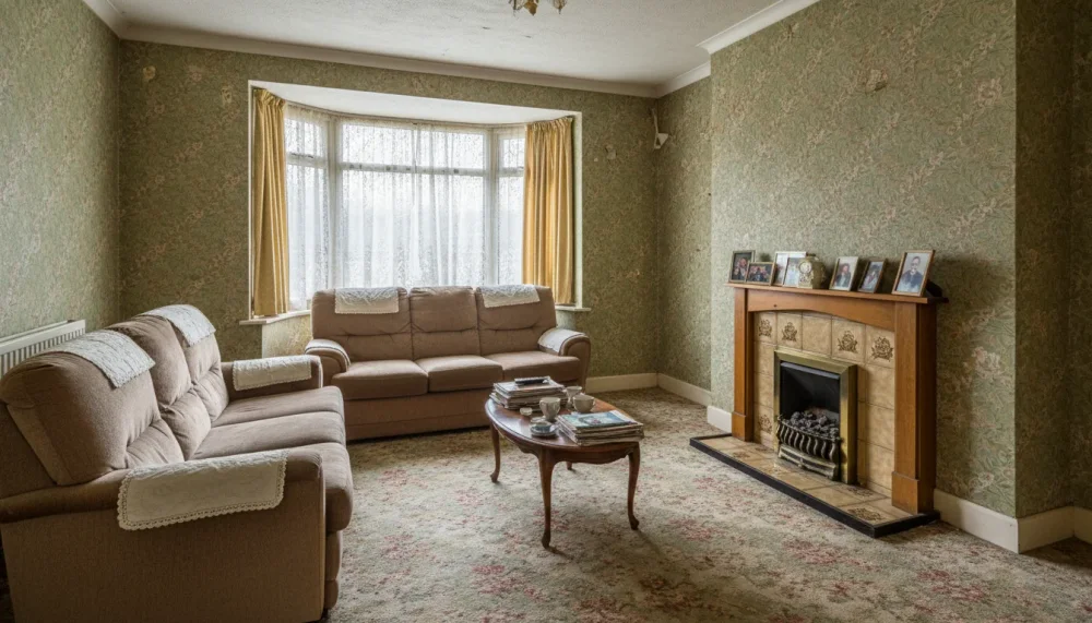 A dated, tired living room in need of modernisation, with old patterned wallpaper, a worn three-piece suite and net curtains at the bay window