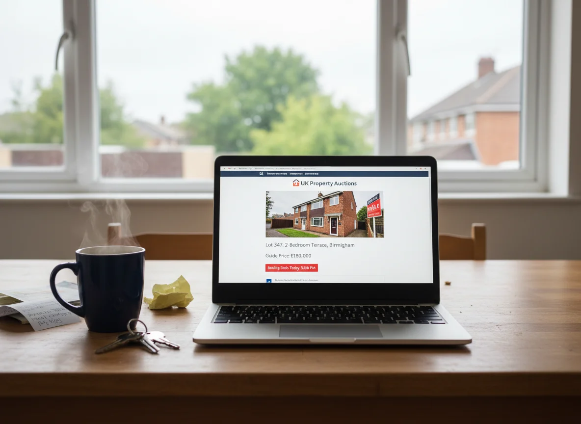 A laptop on a kitchen table showing a UK property listing on an online auction website, with a mug of tea and house keys