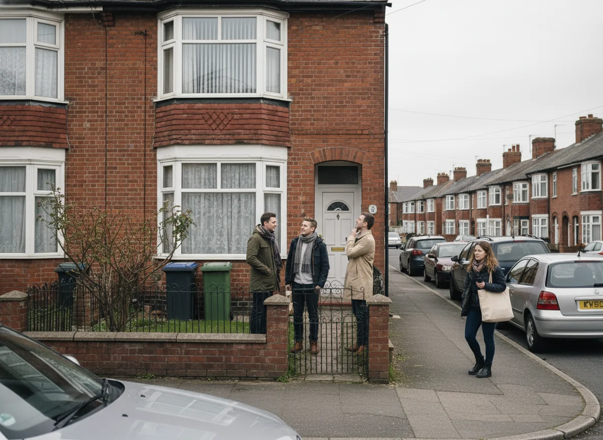 Prospective buyers arriving at an open house viewing of a property for sale by auction in the UK