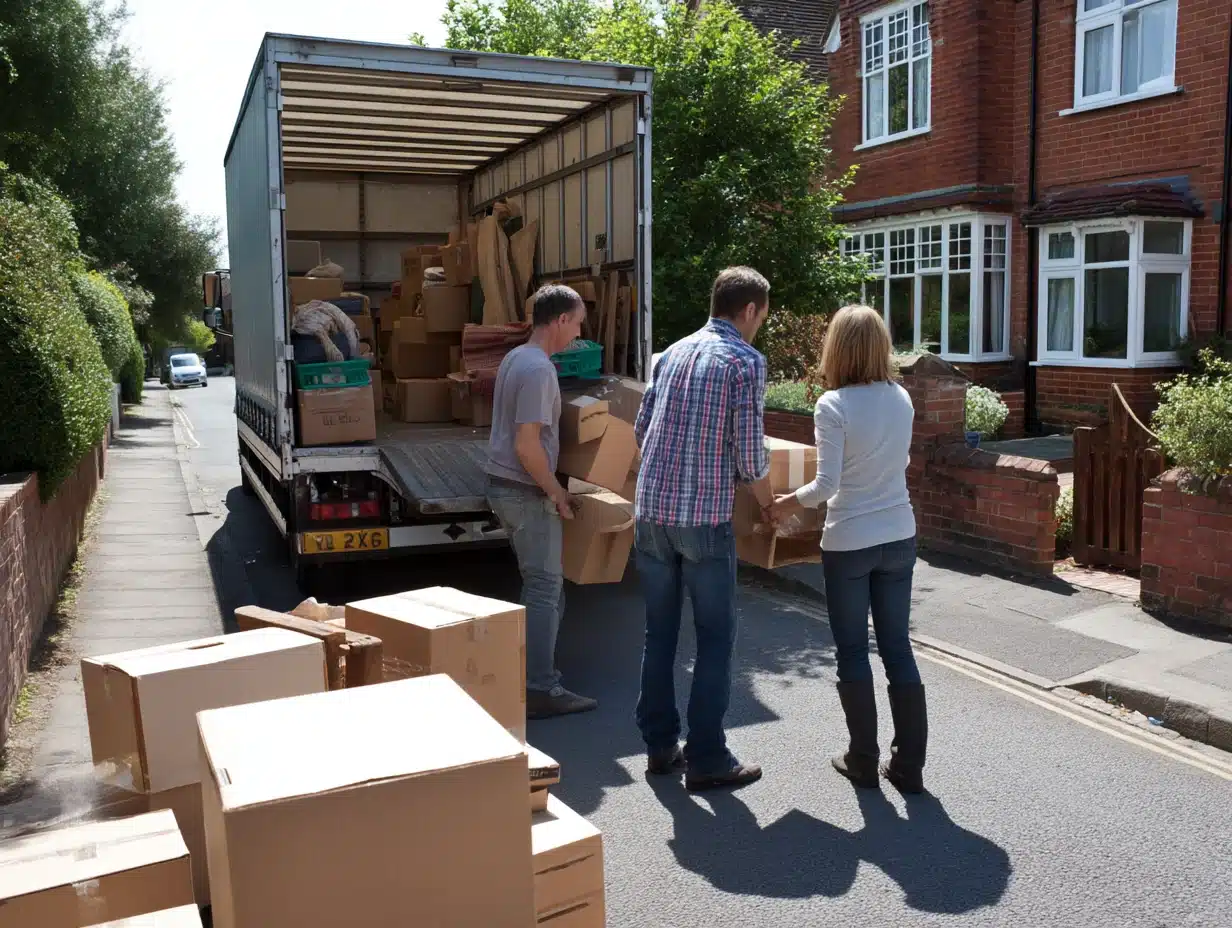 People loading cardboard boxes into a removal lorry outside a UK home on moving day