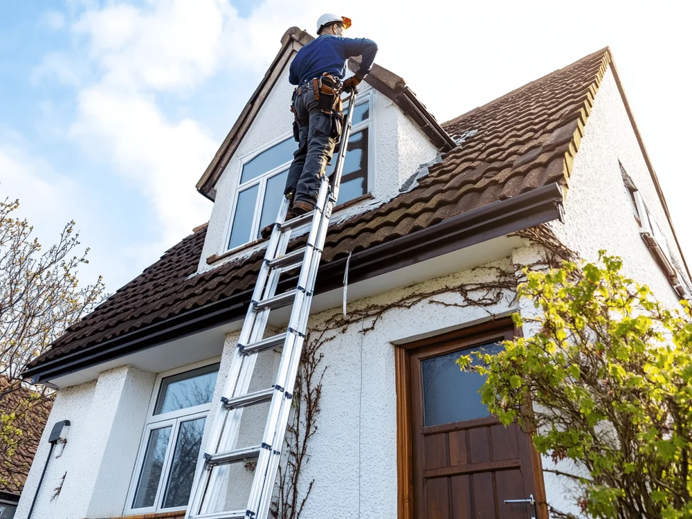 A person on a ladder carrying out repair work to the roof of a house