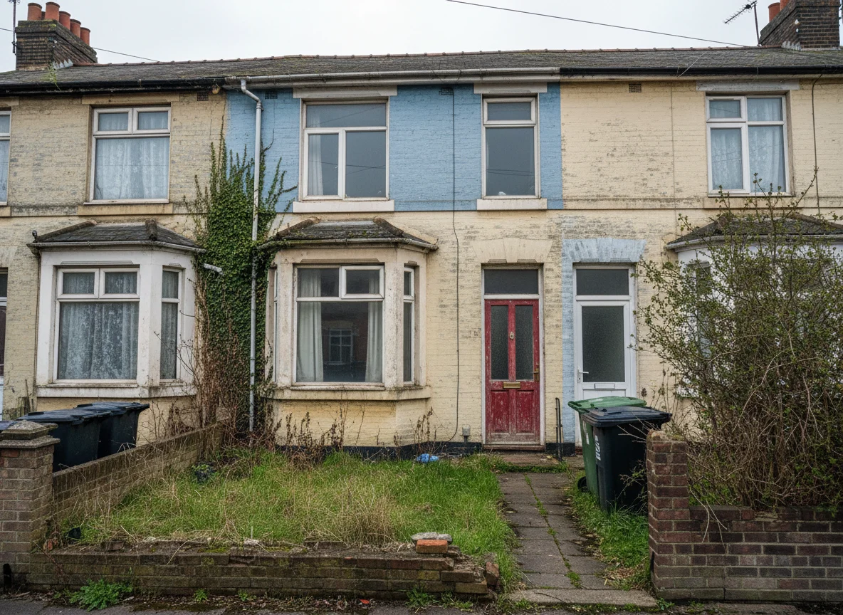 A tired, run-down but structurally sound British house in poor condition, the type of property that sells better at auction than through an estate agent