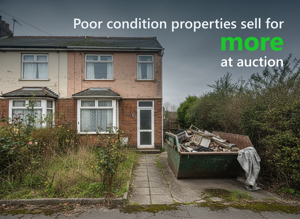 A poor condition British house with a builder's skip outside, captioned: poor condition properties sell for more at auction