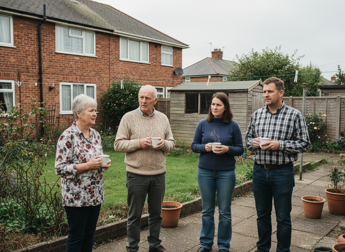 A British family standing in the garden of a late family member's house, considering the sale of the inherited property