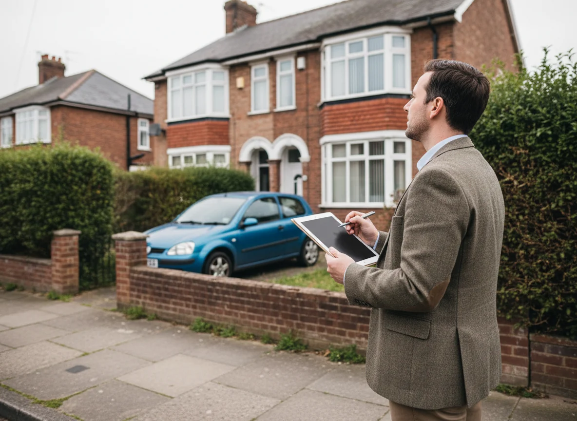 A property valuer with a clipboard appraising an ordinary British house from the pavement