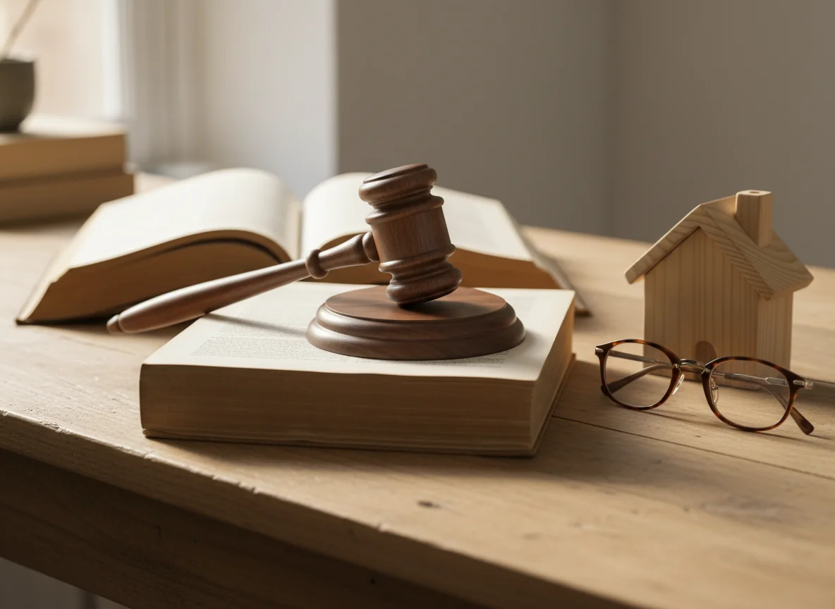 A wooden auction gavel resting on an open reference book beside a small model house