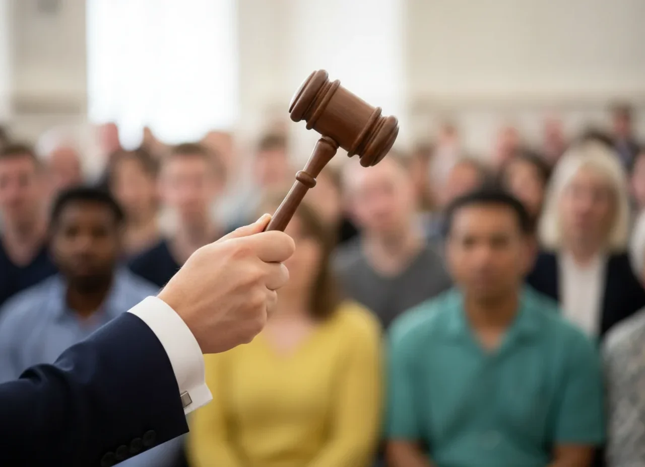 An auctioneer raising a gavel as bidders compete in a UK property auction, driving up the sale price of a property