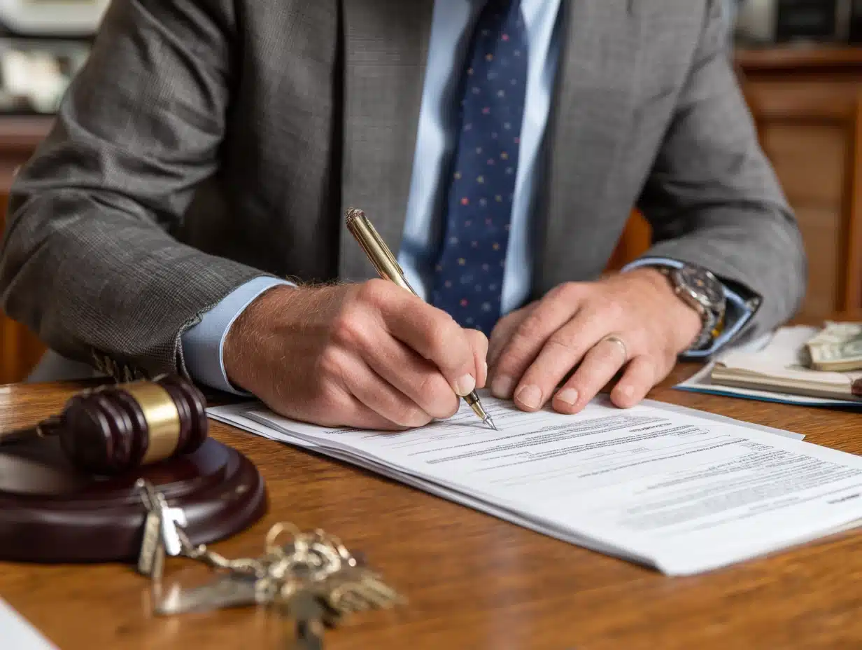 Property auctioneer signing a legally binding contract of sale