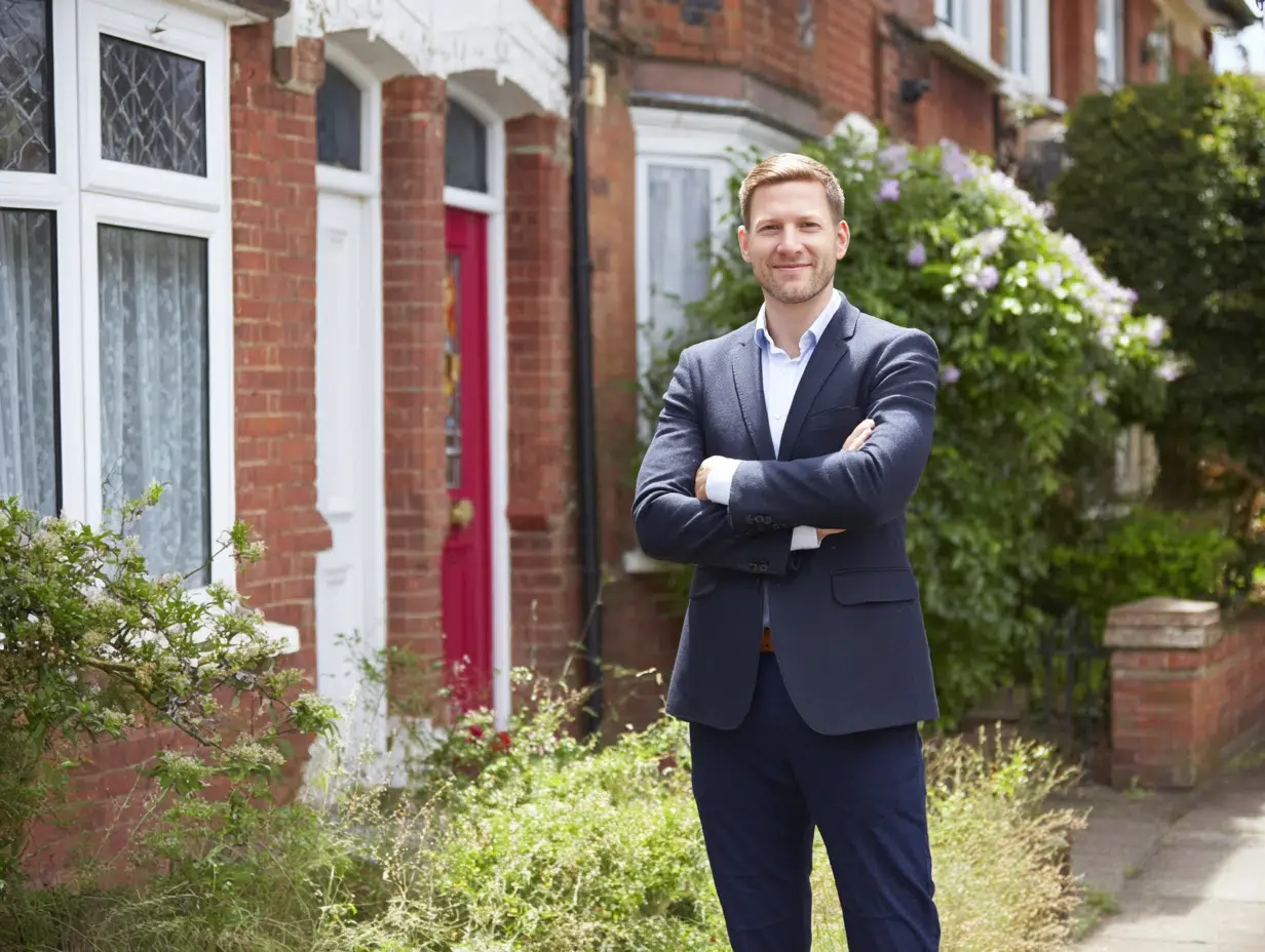 A property investor in a suit standing with arms folded outside a red-brick terraced house