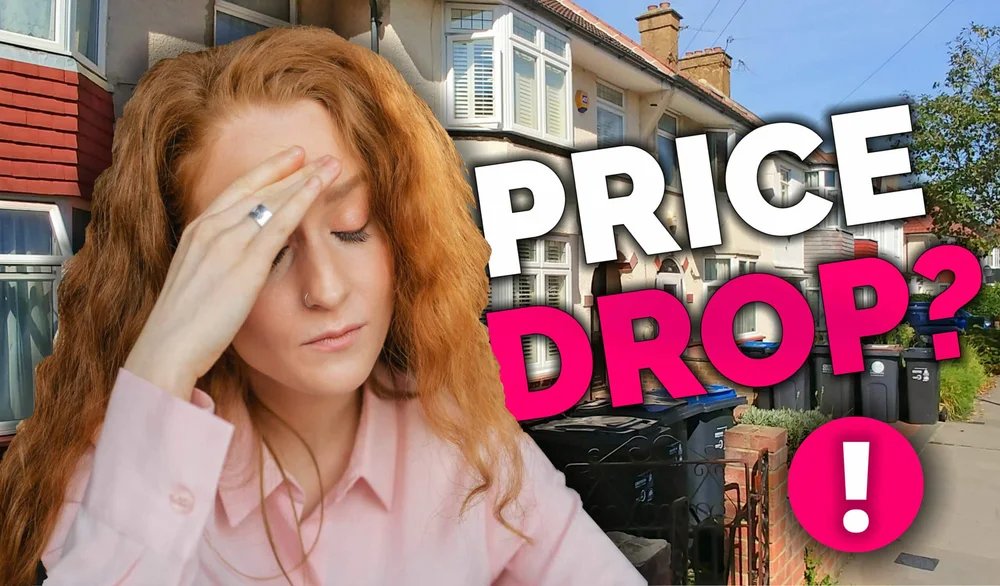 A stressed seller with the words 'price drop?' over a row of houses - illustrating late offer reductions by property buying companies