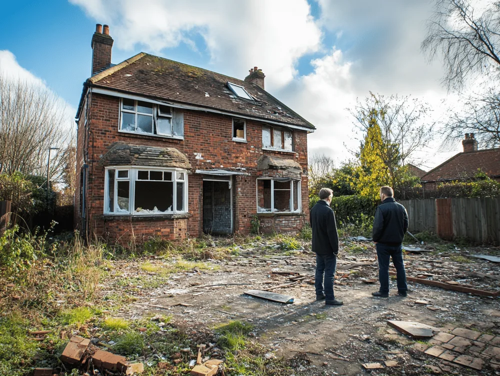 Property investors viewing a condemned house, assessing it as a renovation project