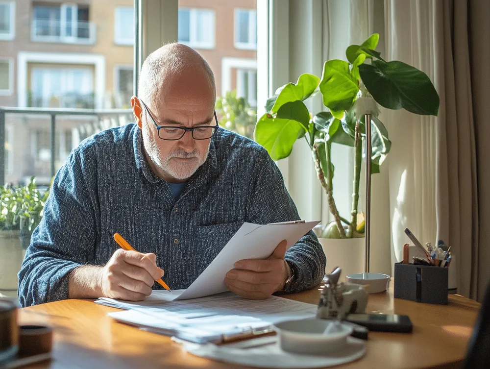 A property seller in their flat completing leasehold paperwork at a table