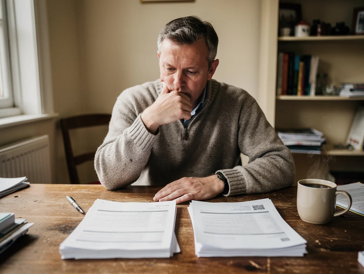 British homeowner sitting at his desk thoughtfully weighing the pros and cons of selling at auction