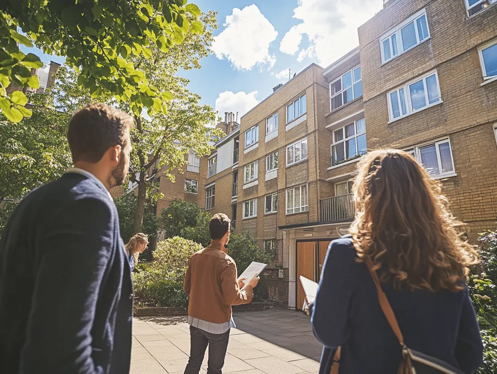 Prospective buyers looking at the outside of a leasehold flat they are considering buying