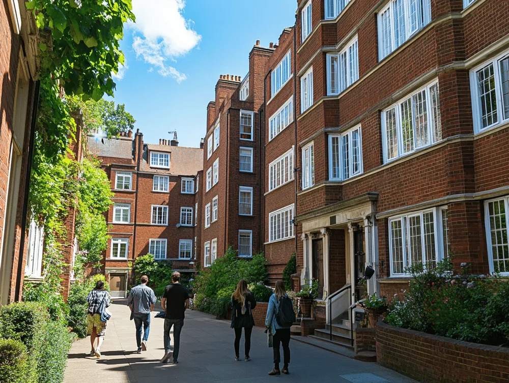 Prospective buyers standing outside a Grade II listed block of leasehold flats
