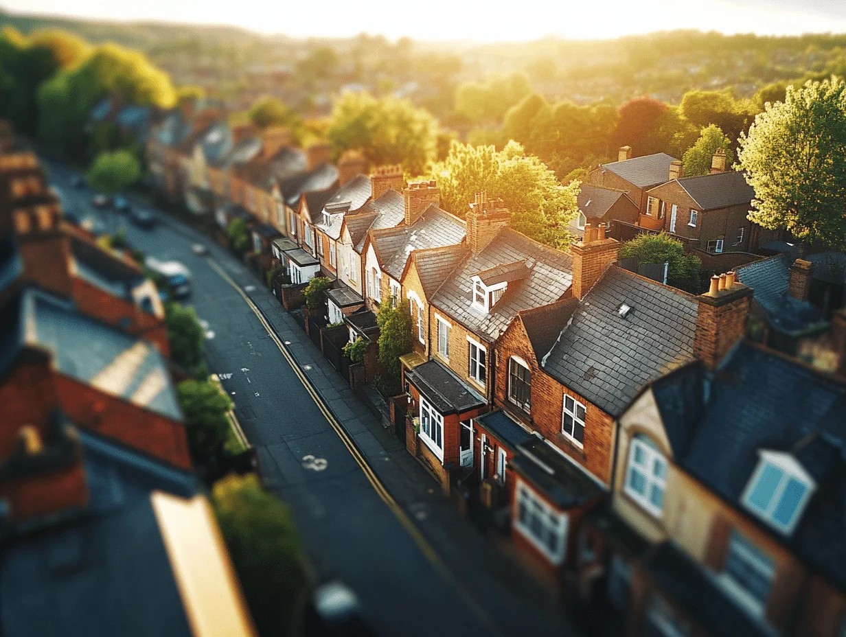 Aerial view of a street of red-brick terraced houses in the UK