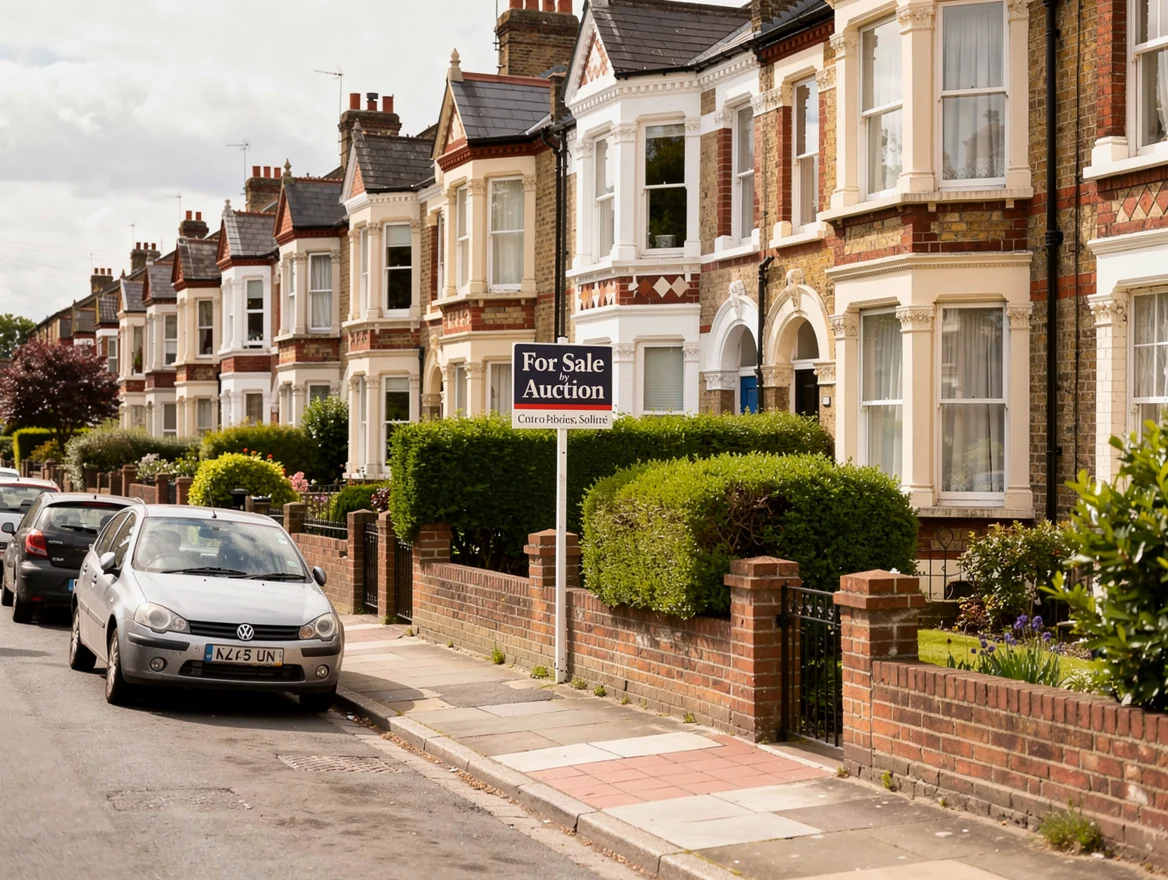 A 'For Sale by Auction' board on an ordinary British residential street of terraced houses