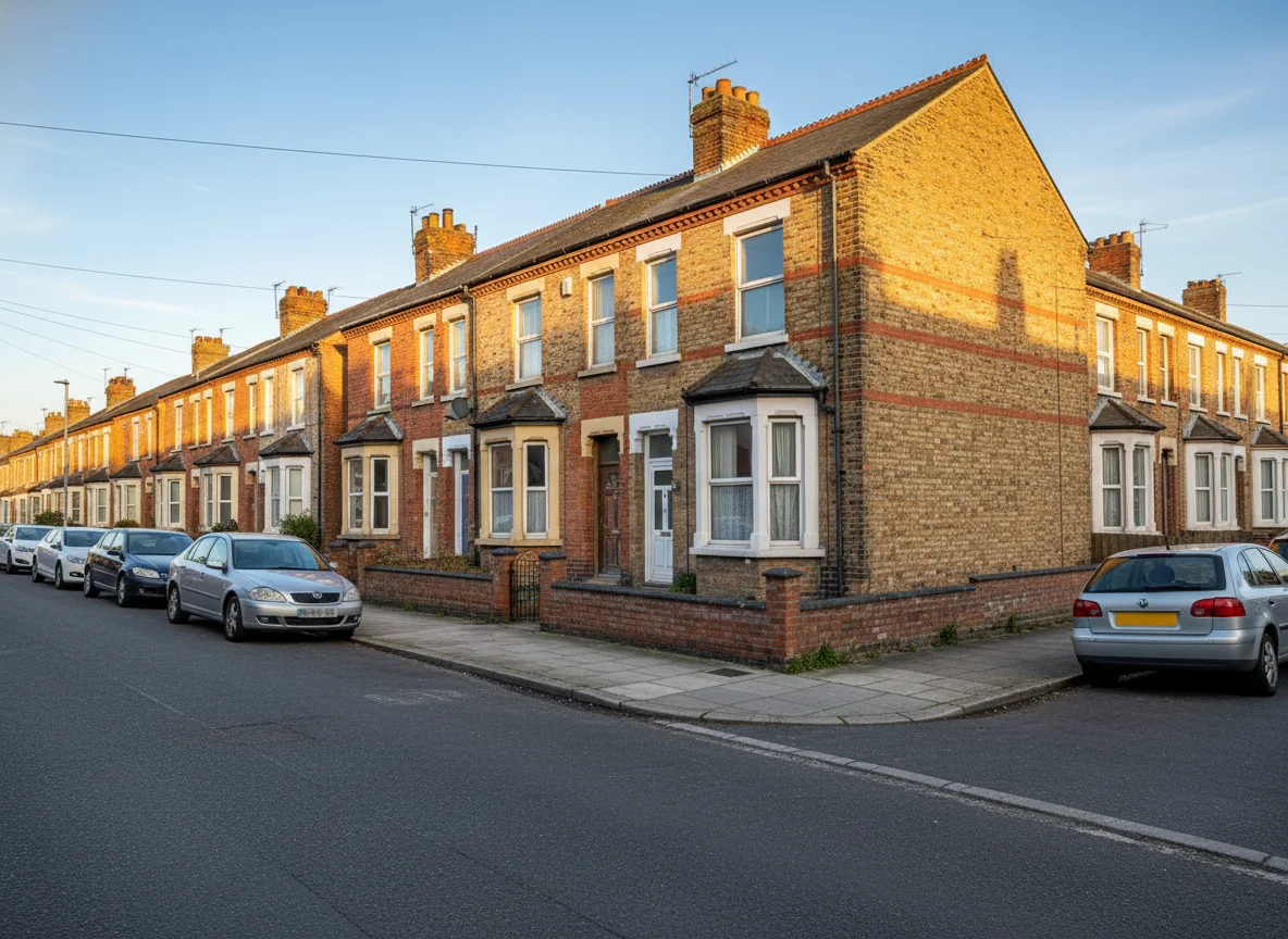 A row of traditional British Victorian terraced houses on a residential street, the type of good-quality property that sells well at auction