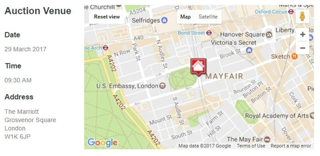 Savills London auction venue - The Marriott, Grosvenor Square, London W1K 6JP