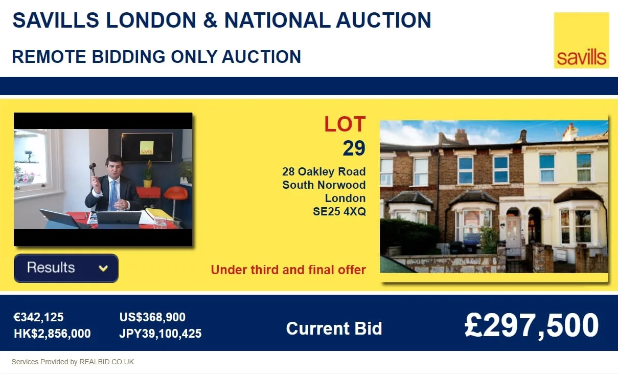 A Savills remote-bidding-only online property auction, showing the auctioneer on a live-stream, the lot details for 28 Oakley Road in South Norwood, and a current bid of £297,500