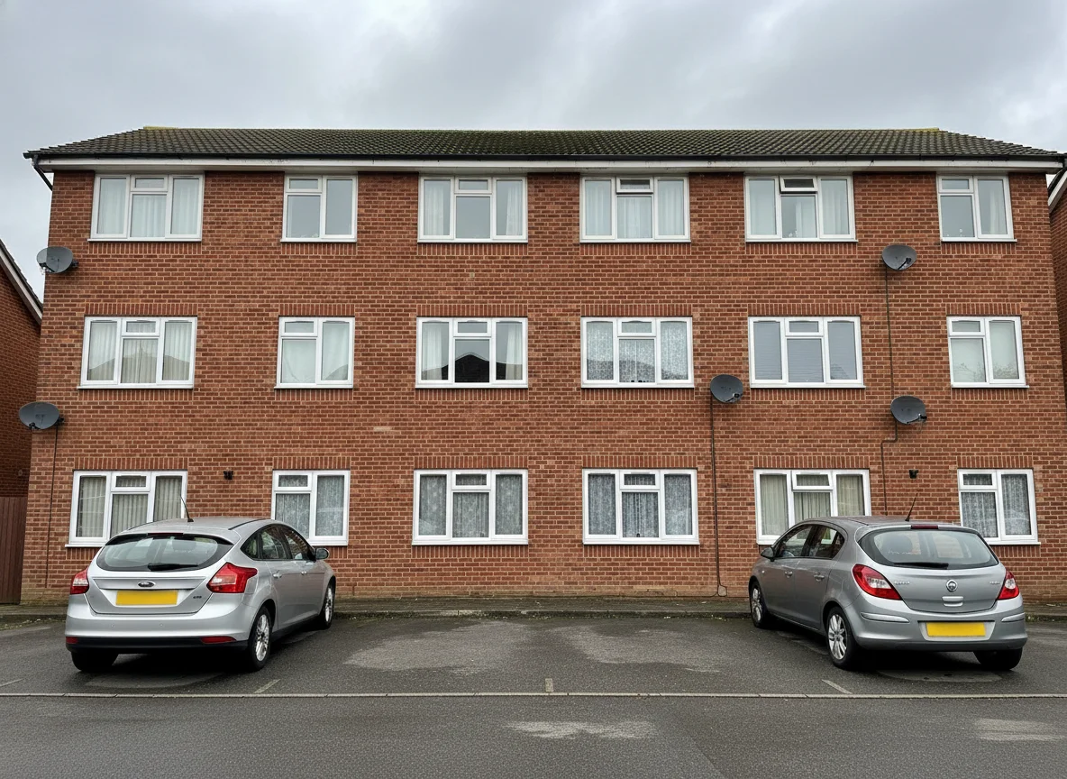 A modest three-storey British brick block of flats of the type bought as a buy-to-let investment, with modern cars parked outside on an overcast day