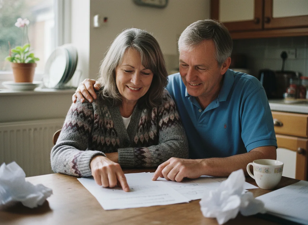 A middle-aged British couple sitting at their kitchen table weighing up a pre-auction offer on their property