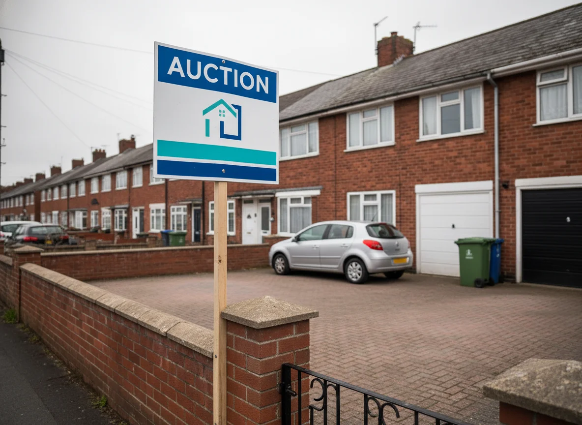An ordinary British terraced house with a 'For Sale by Auction' board outside on an overcast day