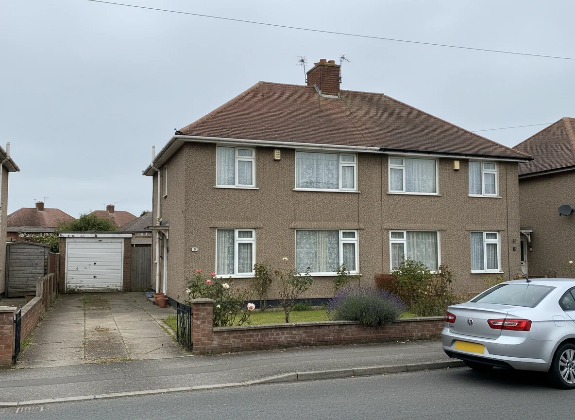 An empty 1960s pebbledash semi-detached inherited house awaiting probate, with an empty driveway and a modern car parked on the road