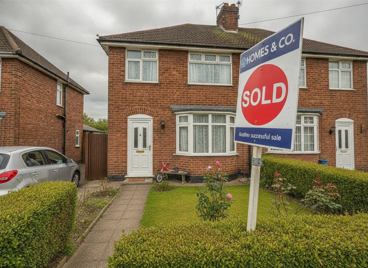 An estate agent SOLD board outside an ordinary British semi-detached house