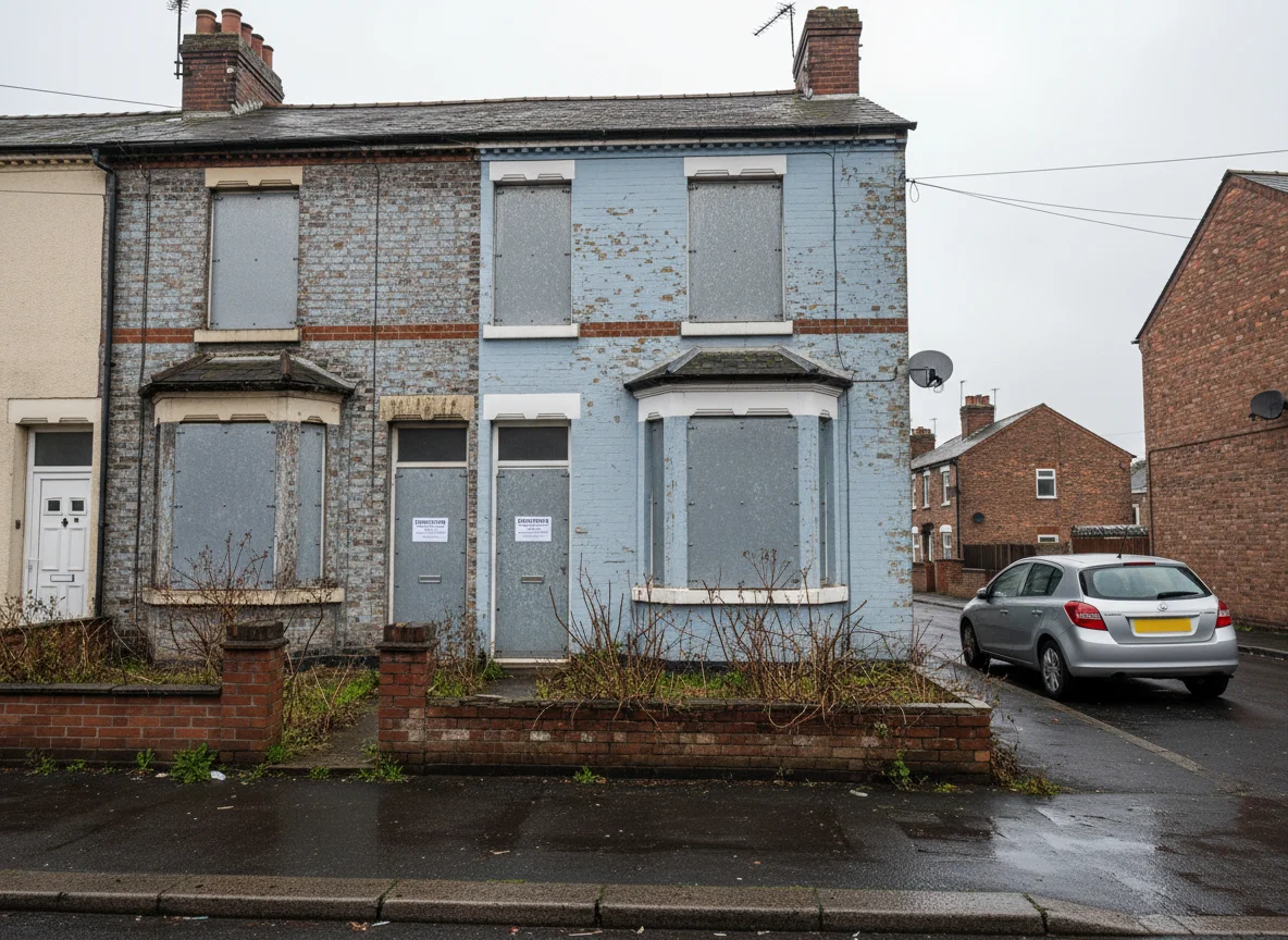 An ordinary British end-terrace house condemned by the council, with boarded-up windows and overgrown weeds on an overcast day