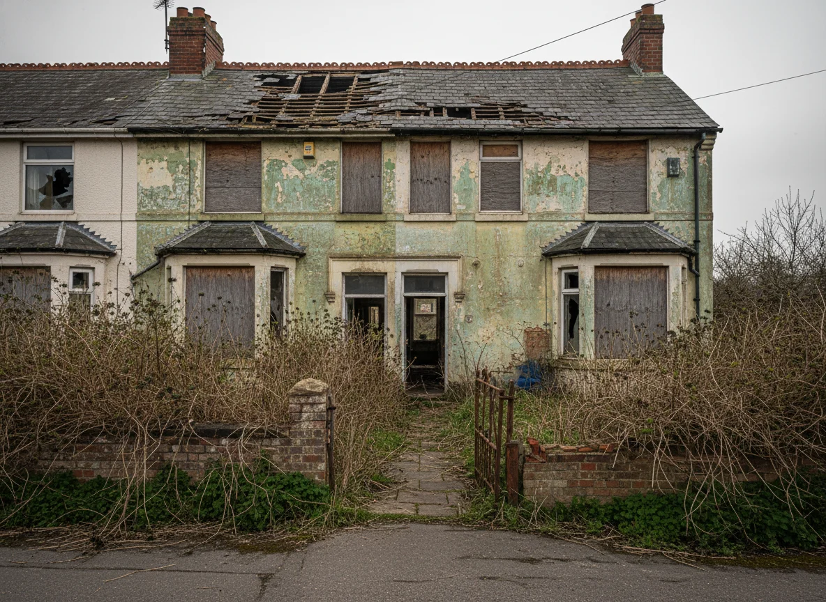 A derelict, abandoned British terraced house with boarded windows, peeling paint and an overgrown garden