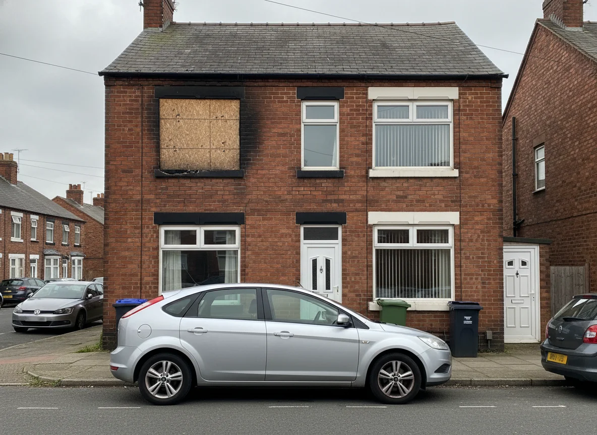 An ordinary British terraced house with fire damage: scorched brickwork and blackened, boarded-up windows on an overcast day