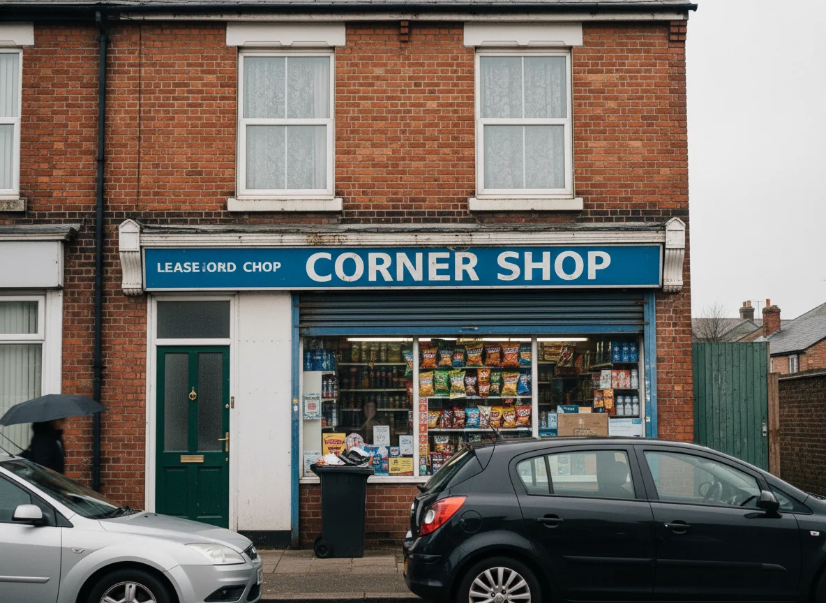 An ordinary British corner shop on a high street with a leasehold flat on the floor above, and a separate residential front door, on an overcast day